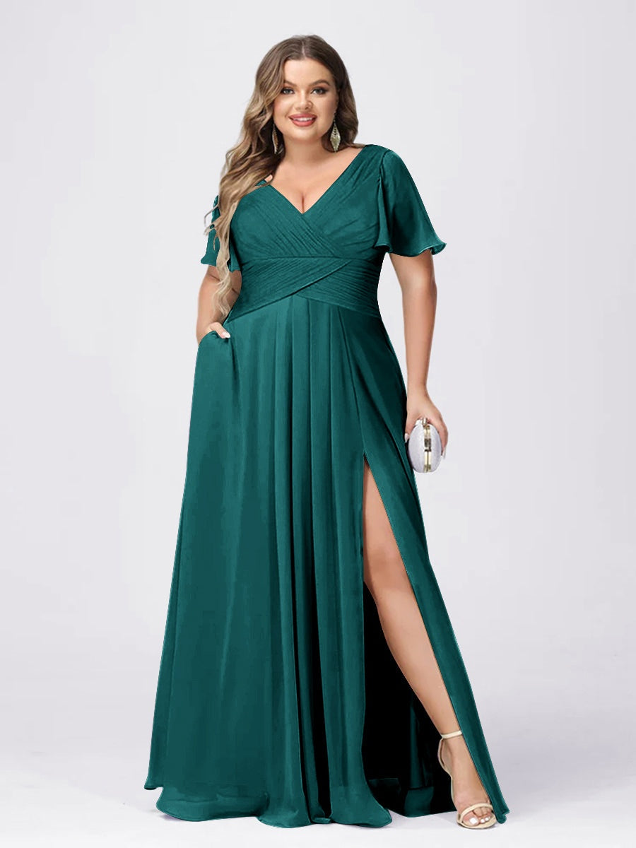 Plus Size V-Neck Princess A-Line Bridesmaid Dress with Side Split and Short Sleeves