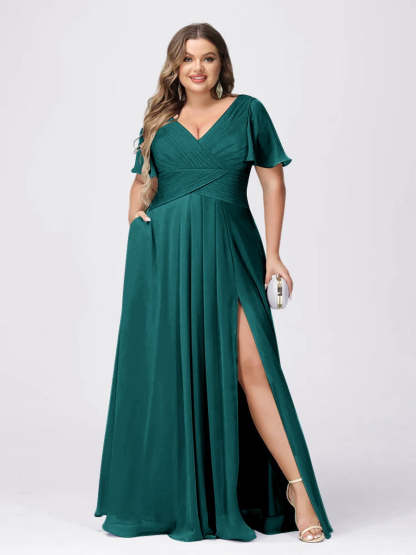 Plus Size V-Neck Princess A-Line Bridesmaid Dress with Side Split and Short Sleeves