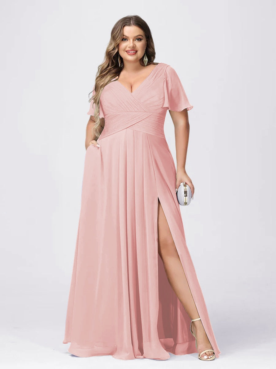Plus Size V-Neck Princess A-Line Bridesmaid Dress with Side Split and Short Sleeves