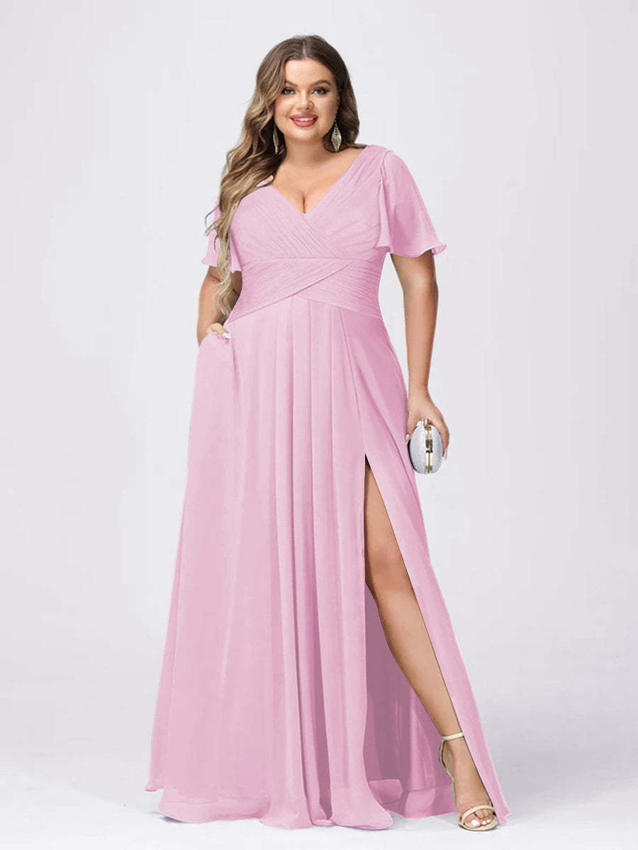 Plus Size V-Neck Princess A-Line Bridesmaid Dress with Side Split and Short Sleeves