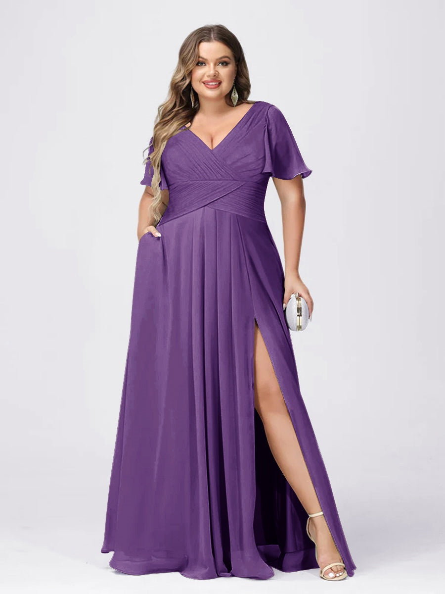 Plus Size V-Neck Princess A-Line Bridesmaid Dress with Side Split and Short Sleeves