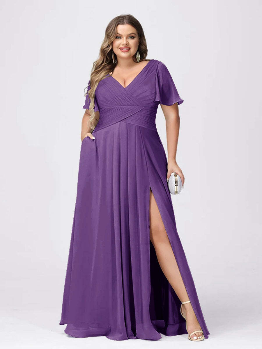 Plus Size V-Neck Princess A-Line Bridesmaid Dress with Side Split and Short Sleeves
