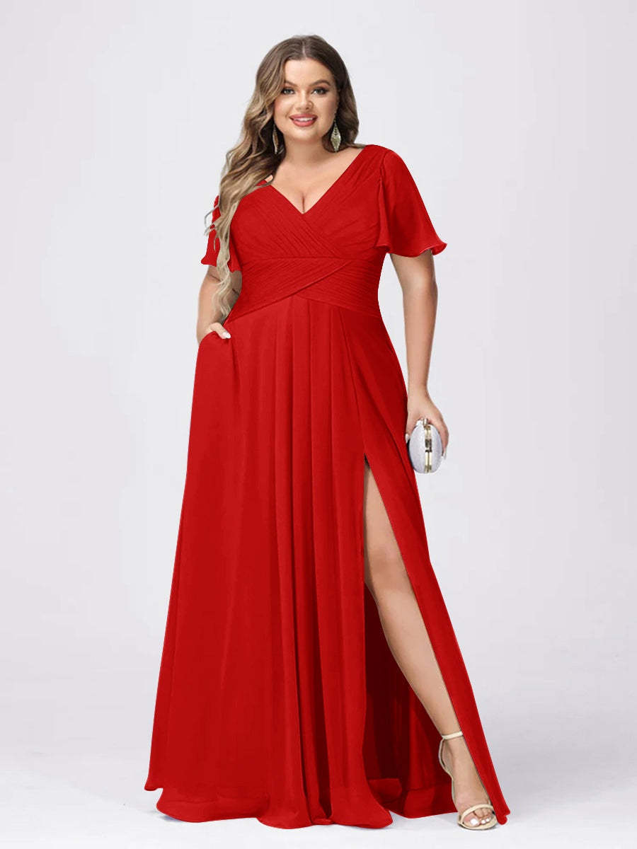 Plus Size V-Neck Princess A-Line Bridesmaid Dress with Side Split and Short Sleeves