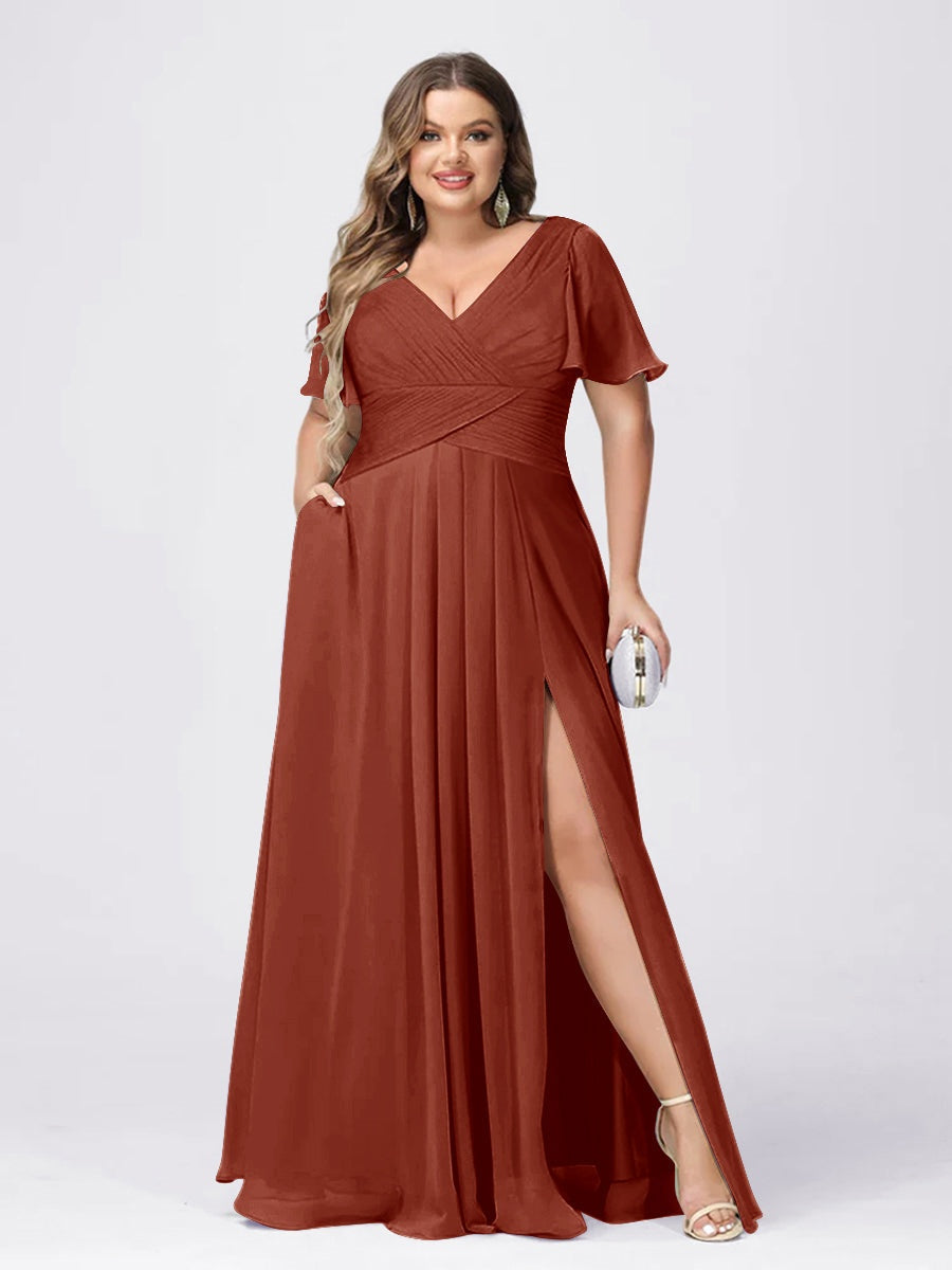 Plus Size V-Neck Princess A-Line Bridesmaid Dress with Side Split and Short Sleeves