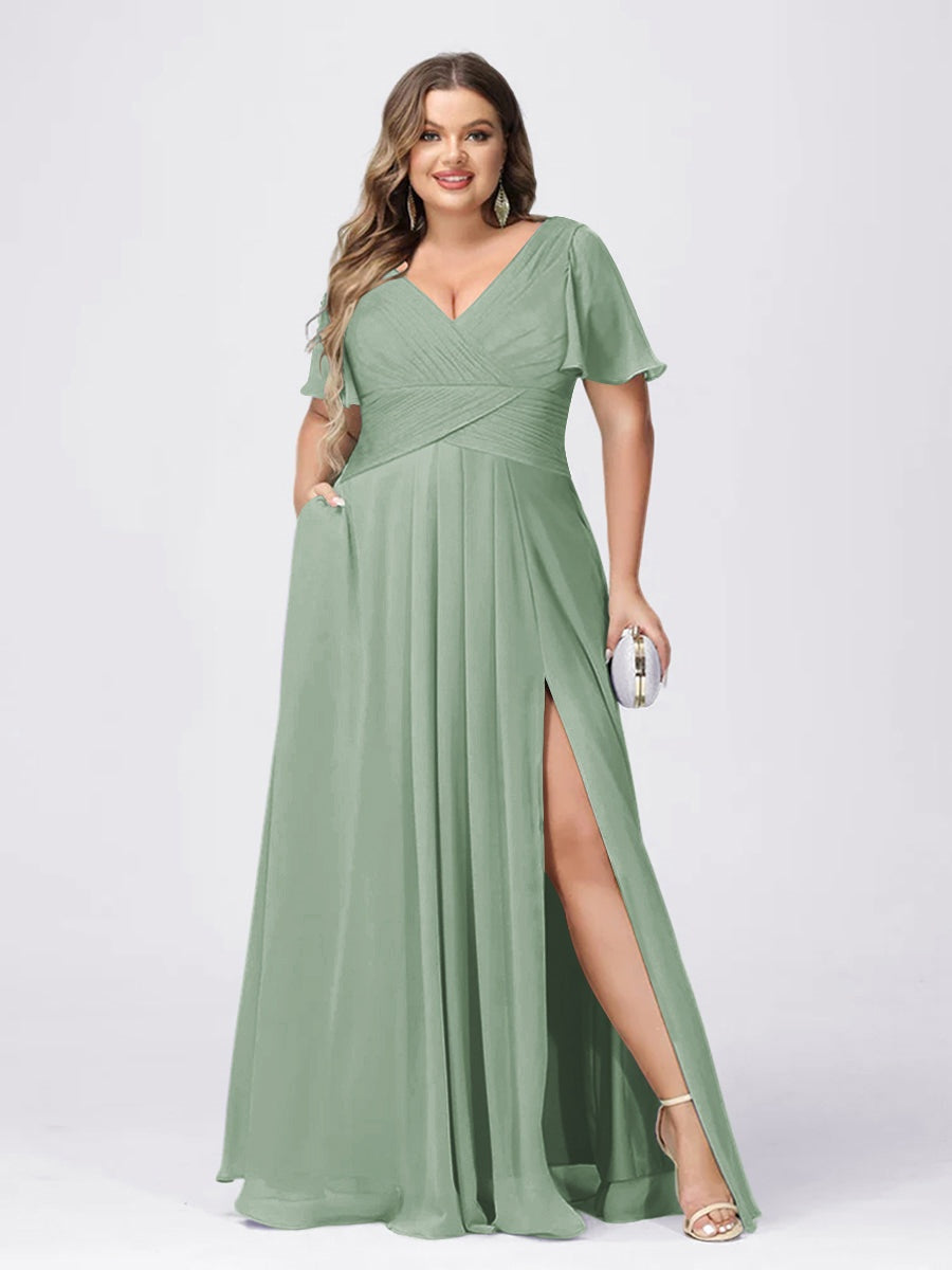 Plus Size V-Neck Princess A-Line Bridesmaid Dress with Side Split and Short Sleeves