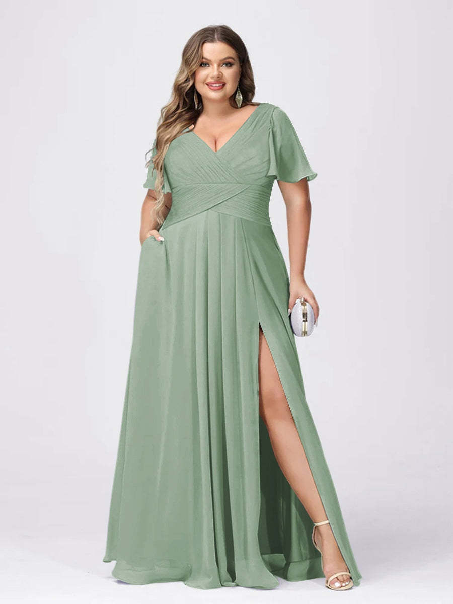 Plus Size V-Neck Princess A-Line Bridesmaid Dress with Side Split and Short Sleeves
