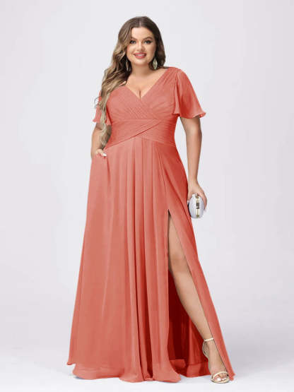 Plus Size V-Neck Princess A-Line Bridesmaid Dress with Side Split and Short Sleeves