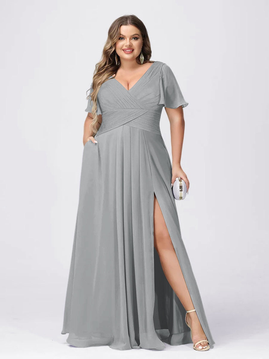 Plus Size V-Neck Princess A-Line Bridesmaid Dress with Side Split and Short Sleeves