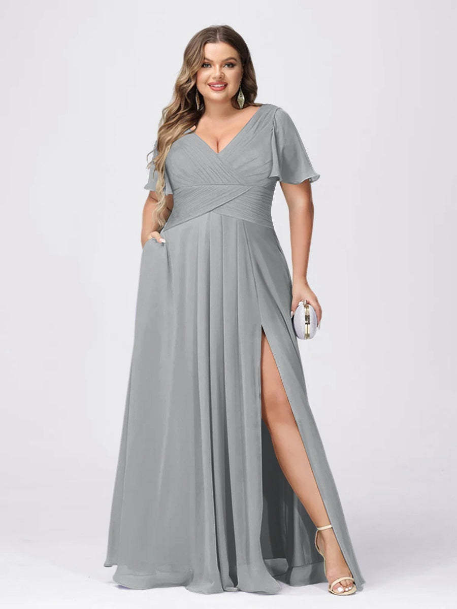 Plus Size V-Neck Princess A-Line Bridesmaid Dress with Side Split and Short Sleeves
