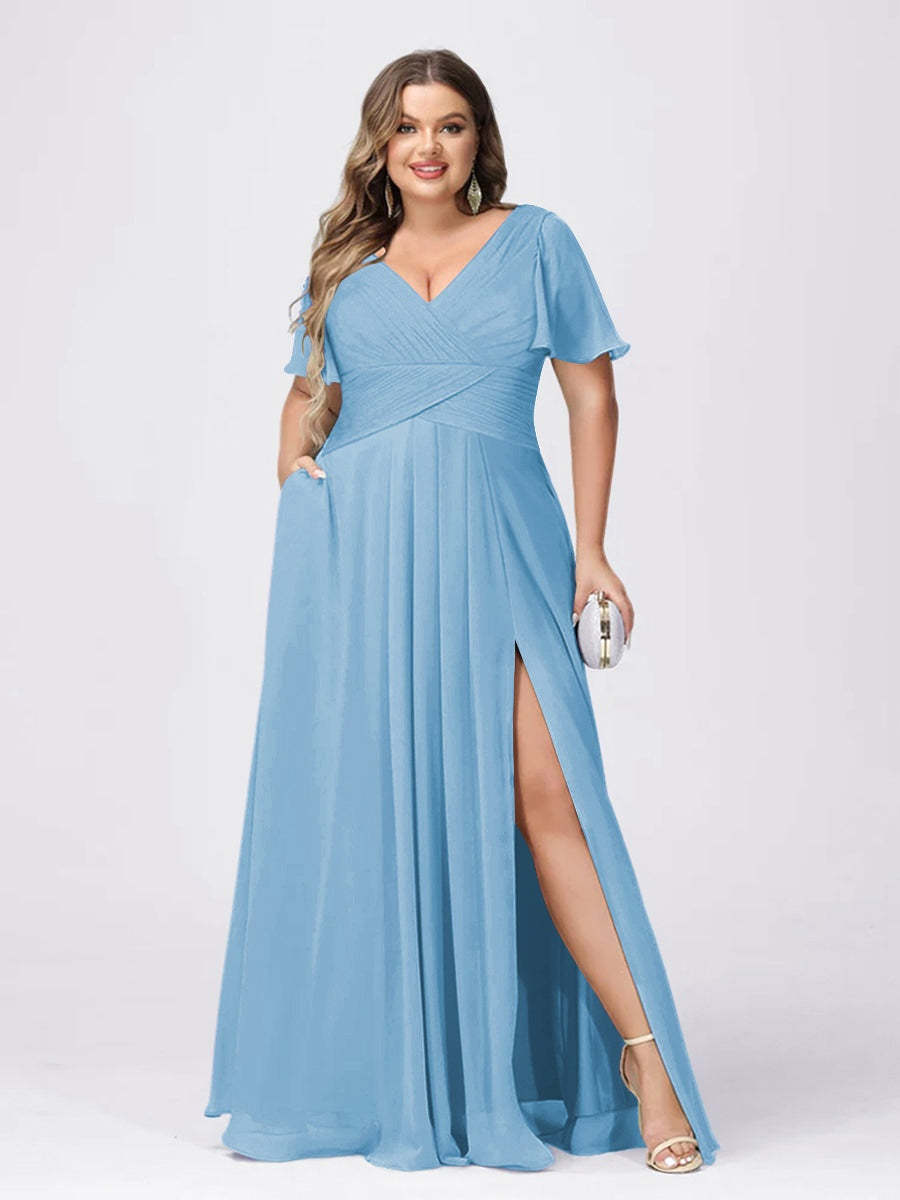 Plus Size V-Neck Princess A-Line Bridesmaid Dress with Side Split and Short Sleeves