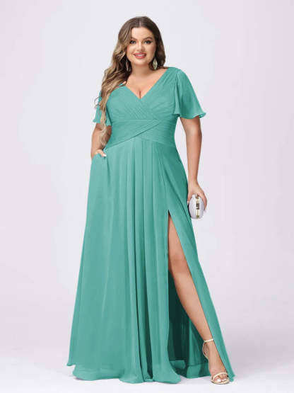 Plus Size V-Neck Princess A-Line Bridesmaid Dress with Side Split and Short Sleeves