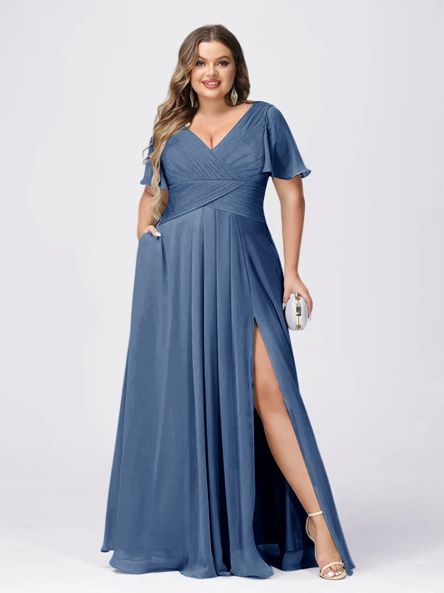 Plus Size V-Neck Princess A-Line Bridesmaid Dress with Side Split and Short Sleeves