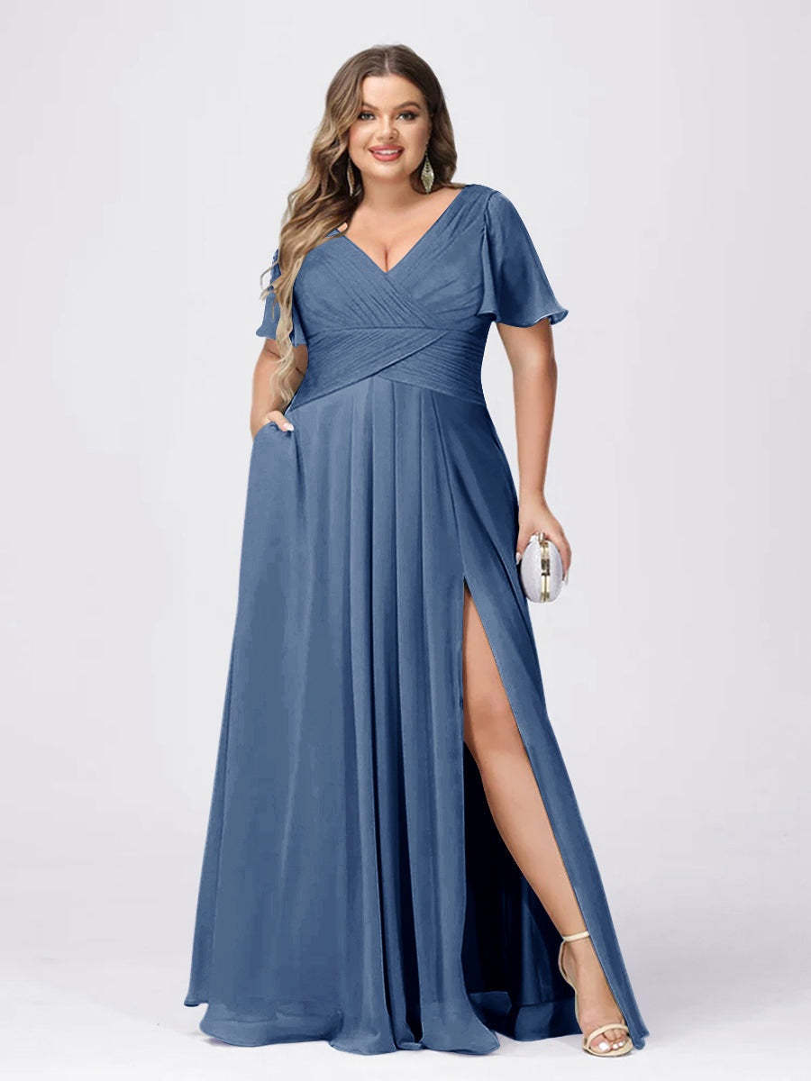 Plus Size V-Neck Princess A-Line Bridesmaid Dress with Side Split and Short Sleeves