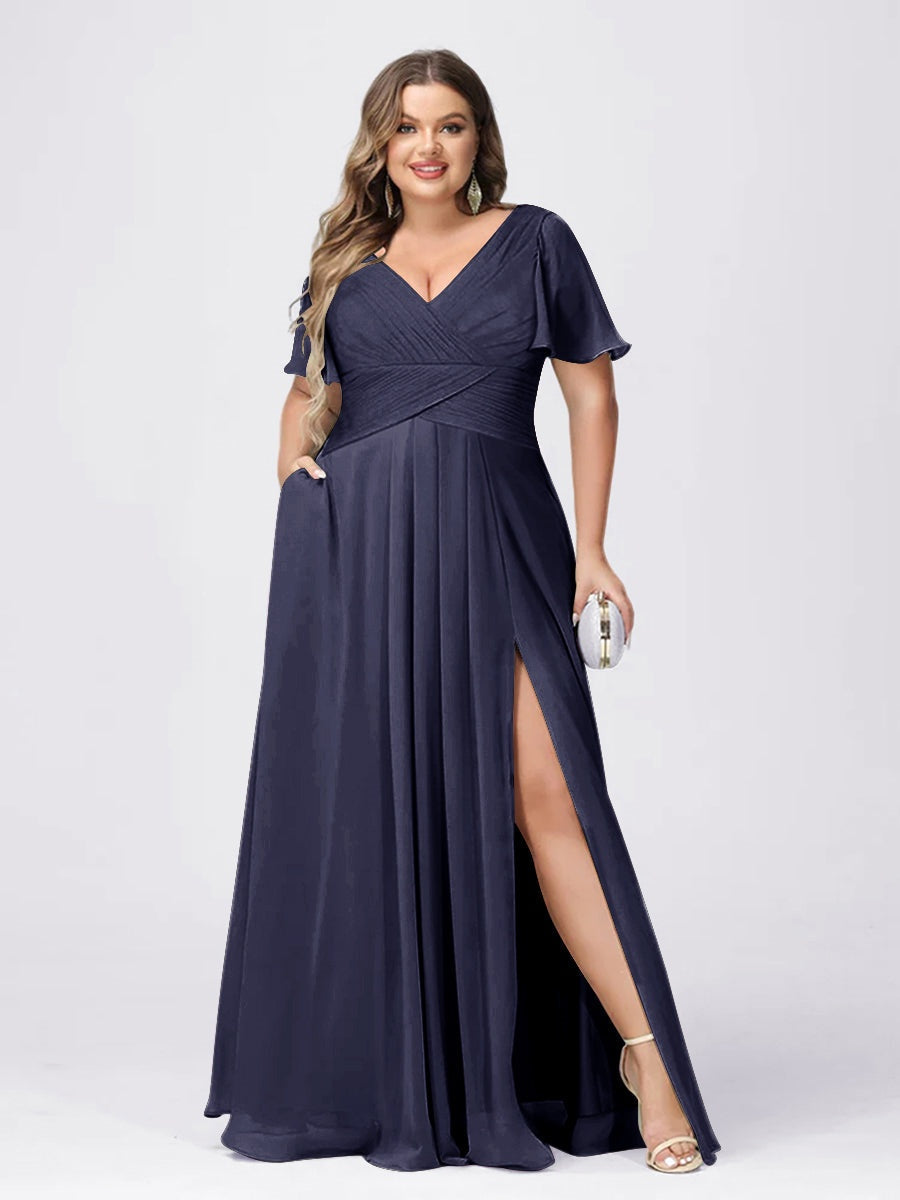 Plus Size V-Neck Princess A-Line Bridesmaid Dress with Side Split and Short Sleeves