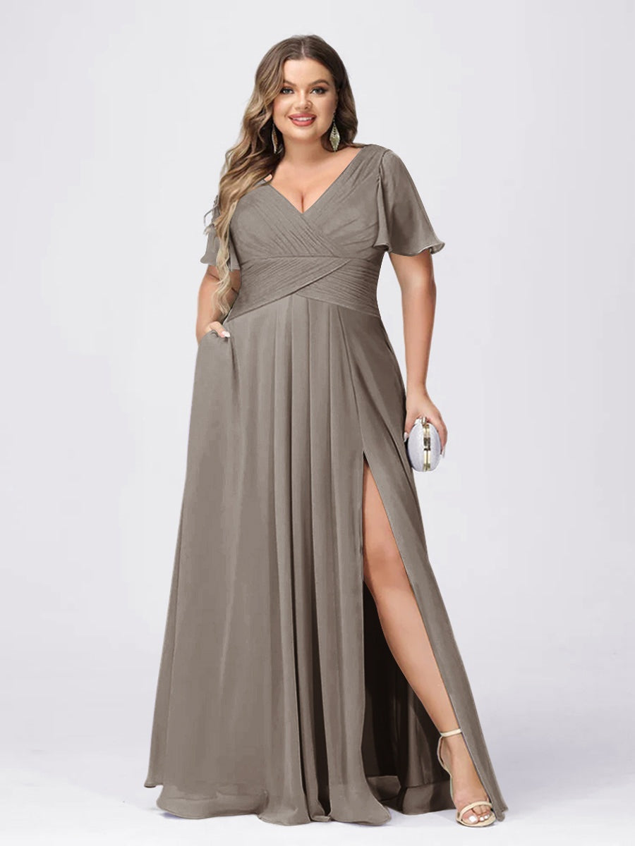 Plus Size V-Neck Princess A-Line Bridesmaid Dress with Side Split and Short Sleeves
