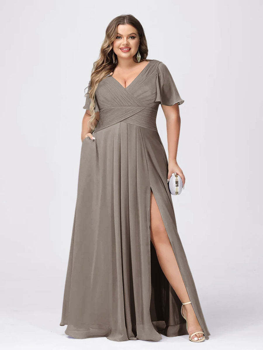 Plus Size V-Neck Princess A-Line Bridesmaid Dress with Side Split and Short Sleeves