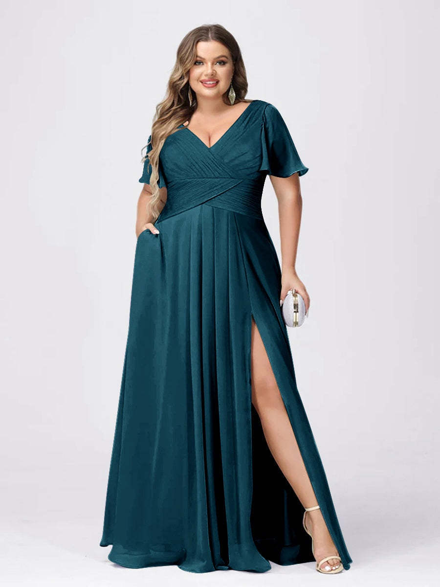Plus Size V-Neck Princess A-Line Bridesmaid Dress with Side Split and Short Sleeves