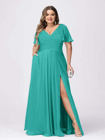 Plus Size V-Neck Princess A-Line Bridesmaid Dress with Side Split and Short Sleeves