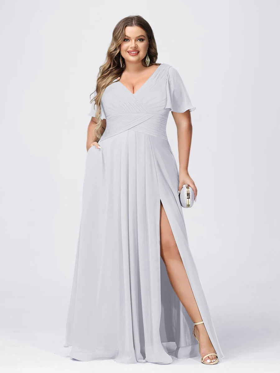 Plus Size V-Neck Princess A-Line Bridesmaid Dress with Side Split and Short Sleeves