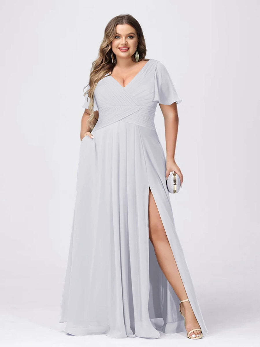 Plus Size V-Neck Princess A-Line Bridesmaid Dress with Side Split and Short Sleeves