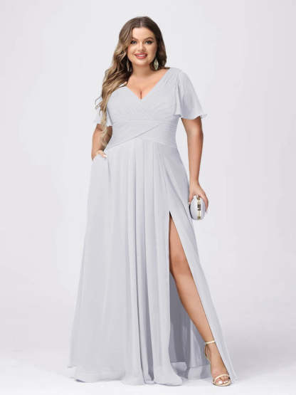 Plus Size V-Neck Princess A-Line Bridesmaid Dress with Side Split and Short Sleeves