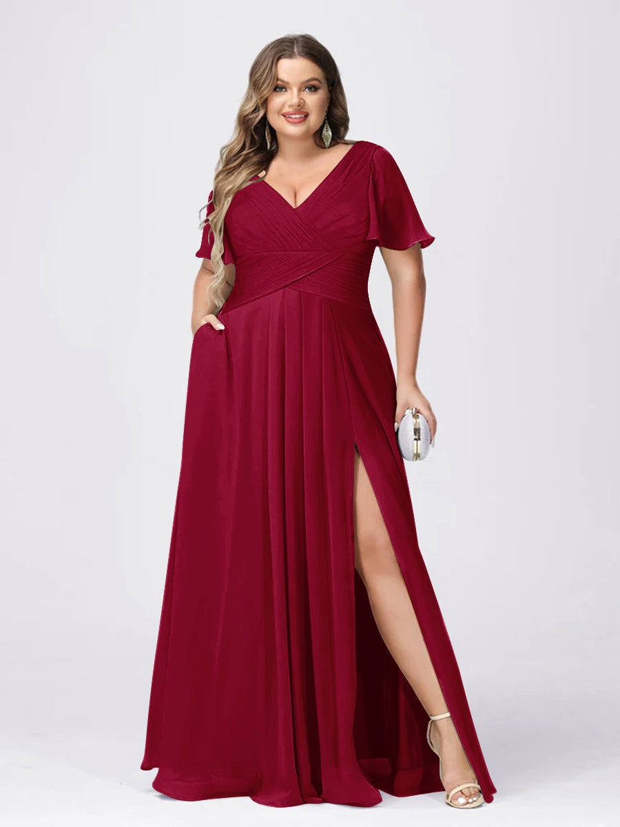 Plus Size V-Neck Princess A-Line Bridesmaid Dress with Side Split and Short Sleeves