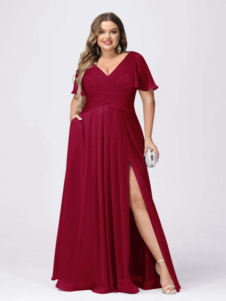 Plus Size V-Neck Princess A-Line Bridesmaid Dress with Side Split and Short Sleeves