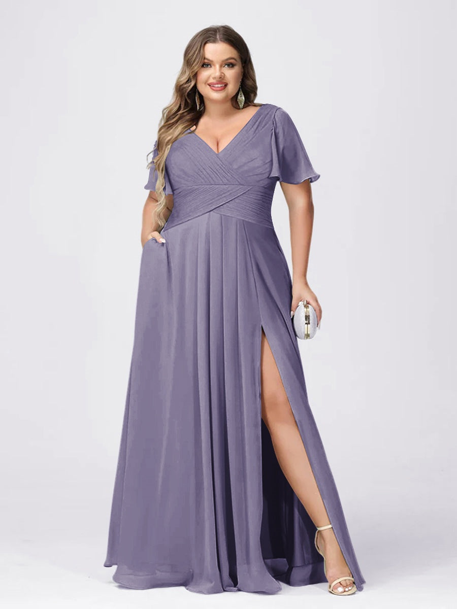 Plus Size V-Neck Princess A-Line Bridesmaid Dress with Side Split and Short Sleeves