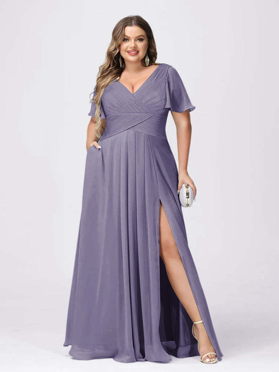Plus Size V-Neck Princess A-Line Bridesmaid Dress with Side Split and Short Sleeves