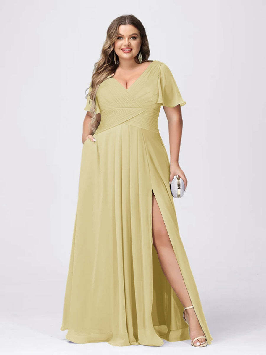 Plus Size V-Neck Princess A-Line Bridesmaid Dress with Side Split and Short Sleeves