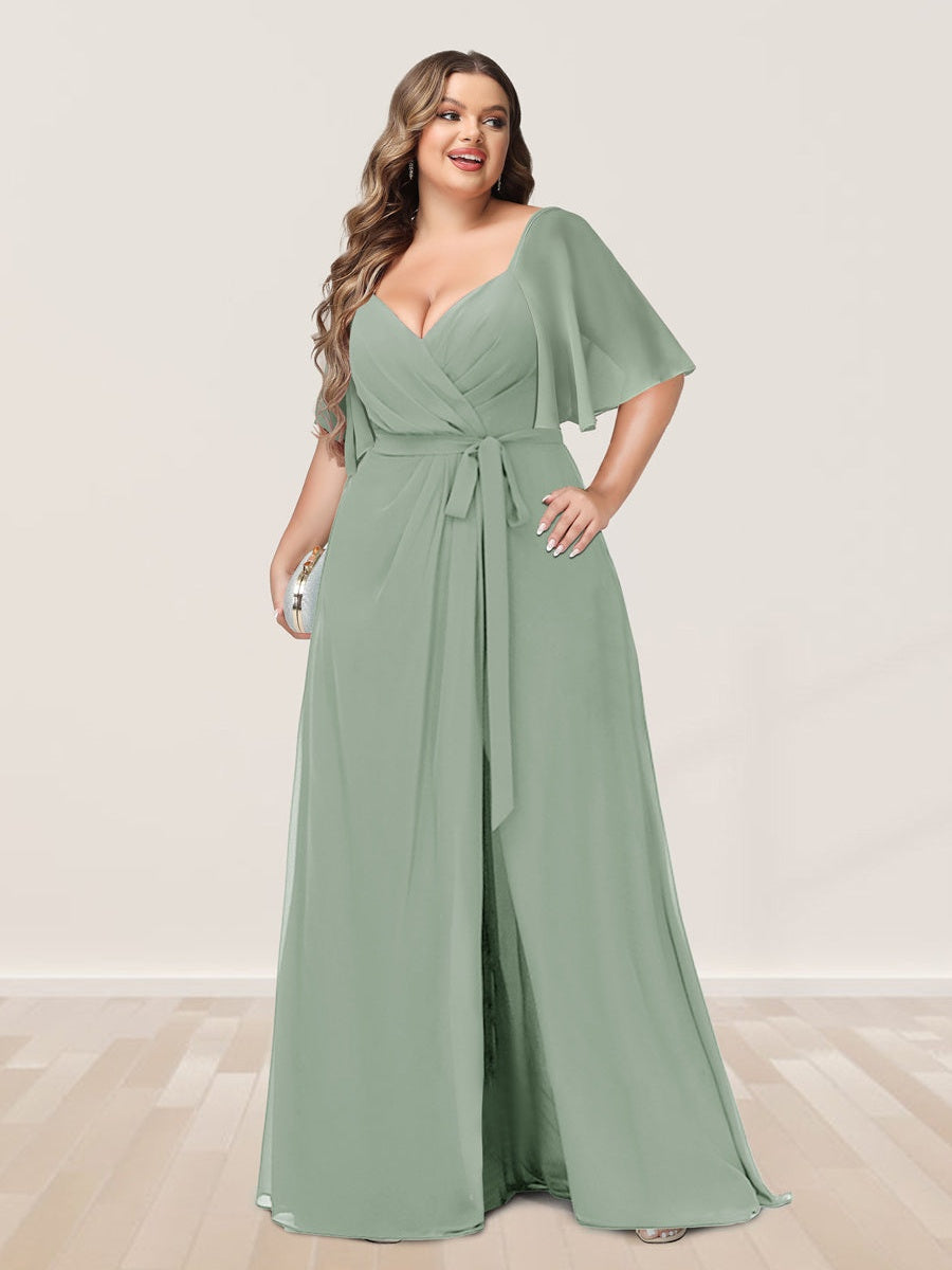 Plus Size V-Neck A-Line Bridesmaid Dress with Princess Cut and Side Split