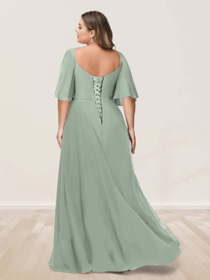 Plus Size V-Neck A-Line Bridesmaid Dress with Side Split and Half Sleeves