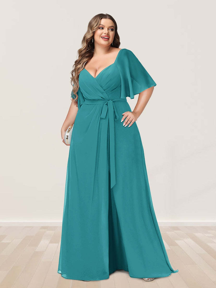 Plus Size V-Neck A-Line Bridesmaid Dress with Side Split and Half Sleeves