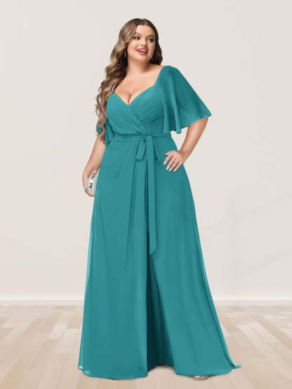 Plus Size V-Neck A-Line Bridesmaid Dress with Side Split and Half Sleeves