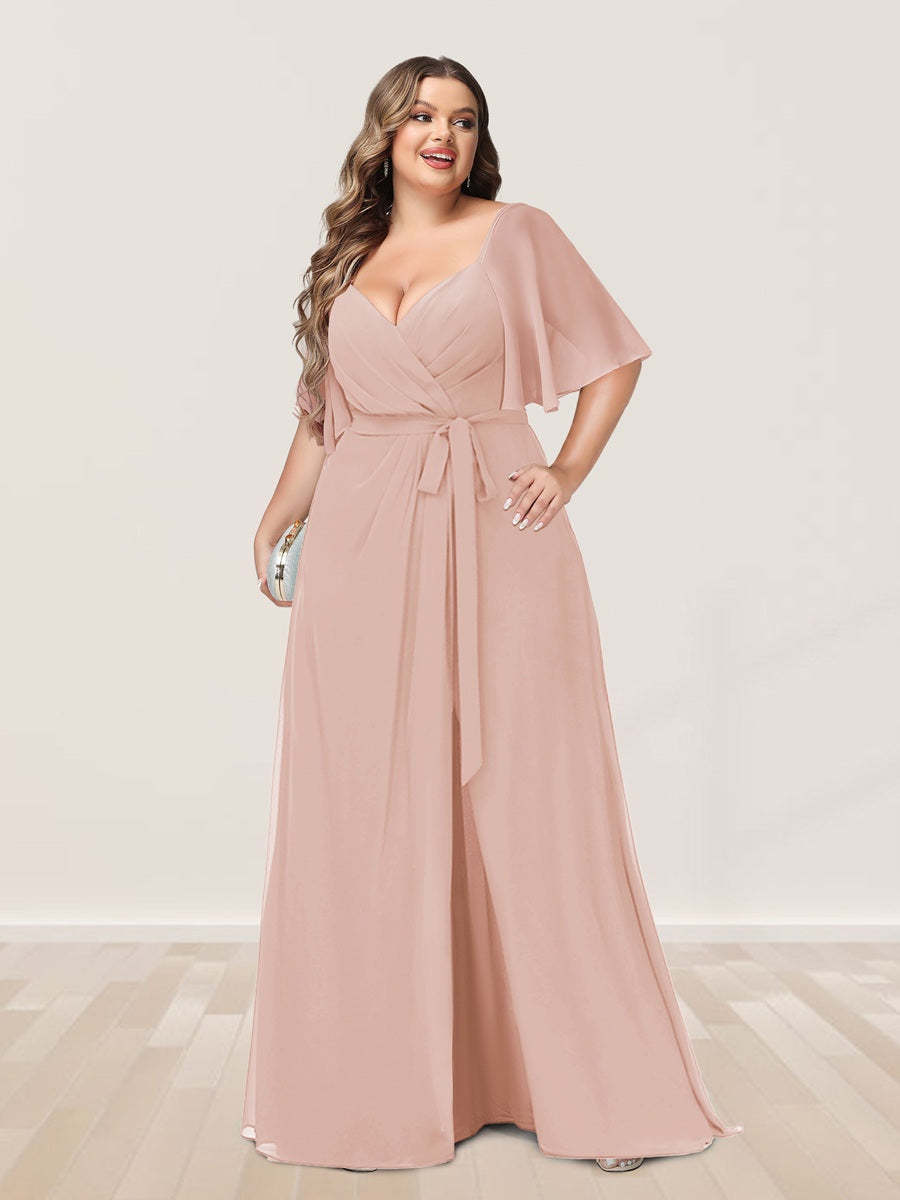 Plus Size V-Neck A-Line Bridesmaid Dress with Side Split and Half Sleeves