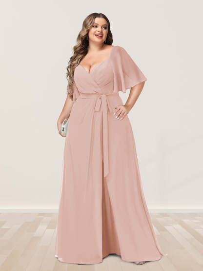Plus Size V-Neck A-Line Bridesmaid Dress with Side Split and Half Sleeves