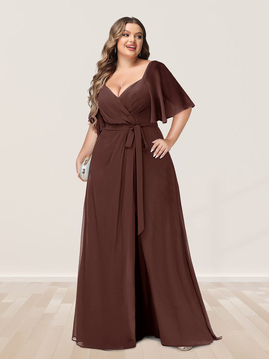 Plus Size V-Neck A-Line Bridesmaid Dress with Side Split and Half Sleeves