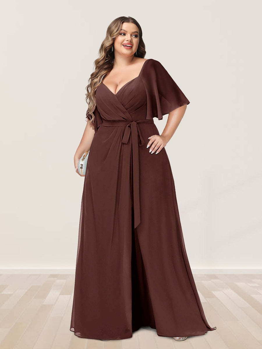 Plus Size V-Neck A-Line Bridesmaid Dress with Side Split and Half Sleeves