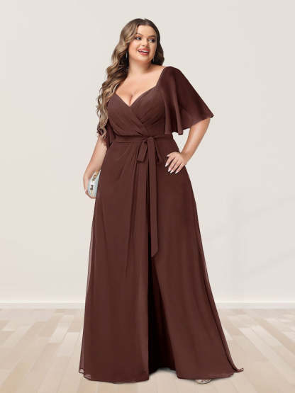 Plus Size V-Neck A-Line Bridesmaid Dress with Side Split and Half Sleeves