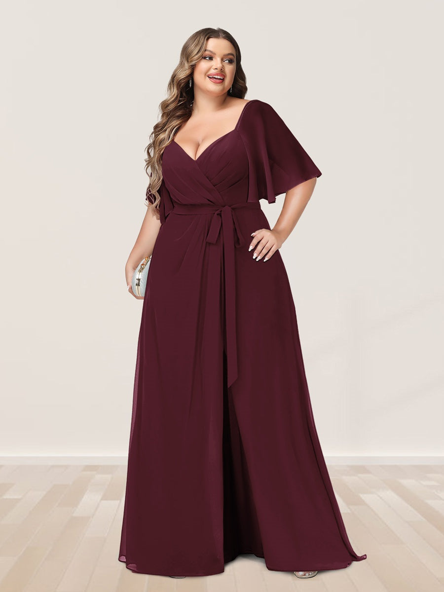 Plus Size V-Neck A-Line Bridesmaid Dress with Side Split and Half Sleeves