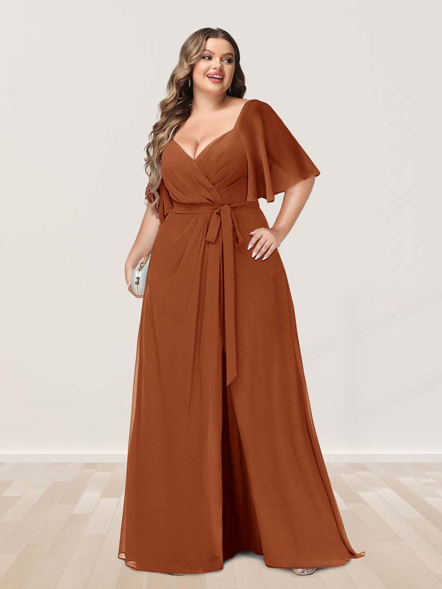 Plus Size V-Neck A-Line Bridesmaid Dress with Side Split and Half Sleeves