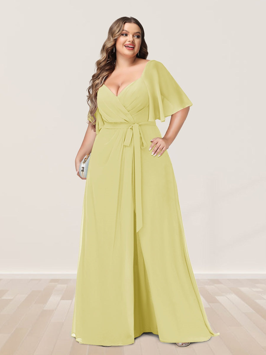 Plus Size V-Neck A-Line Bridesmaid Dress with Side Split and Half Sleeves
