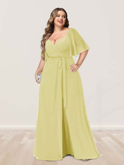 Plus Size V-Neck A-Line Bridesmaid Dress with Side Split and Half Sleeves