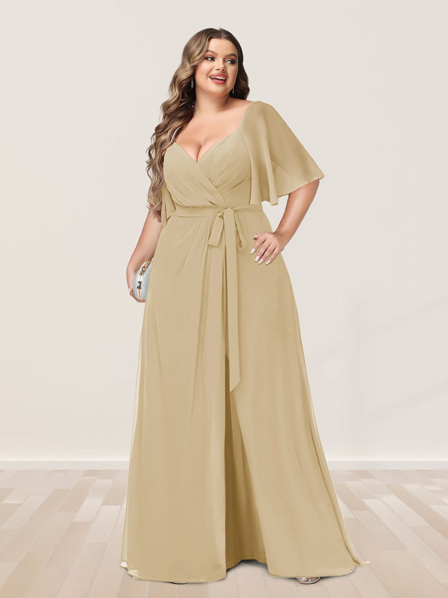 Plus Size V-Neck A-Line Bridesmaid Dress with Side Split and Half Sleeves