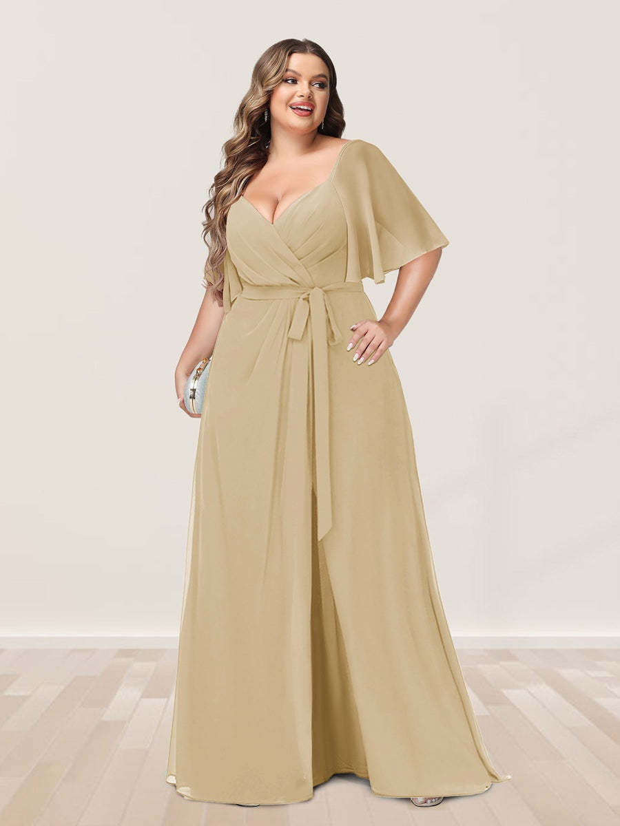 Plus Size V-Neck A-Line Bridesmaid Dress with Side Split and Half Sleeves