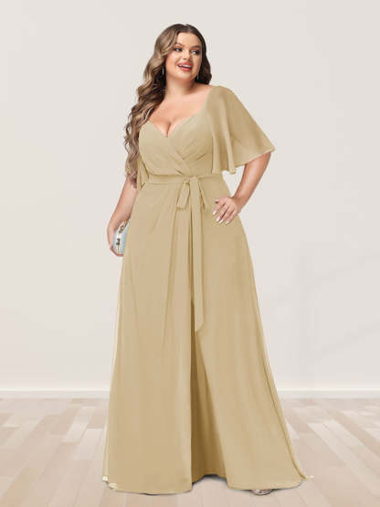 Plus Size V-Neck A-Line Bridesmaid Dress with Side Split and Half Sleeves