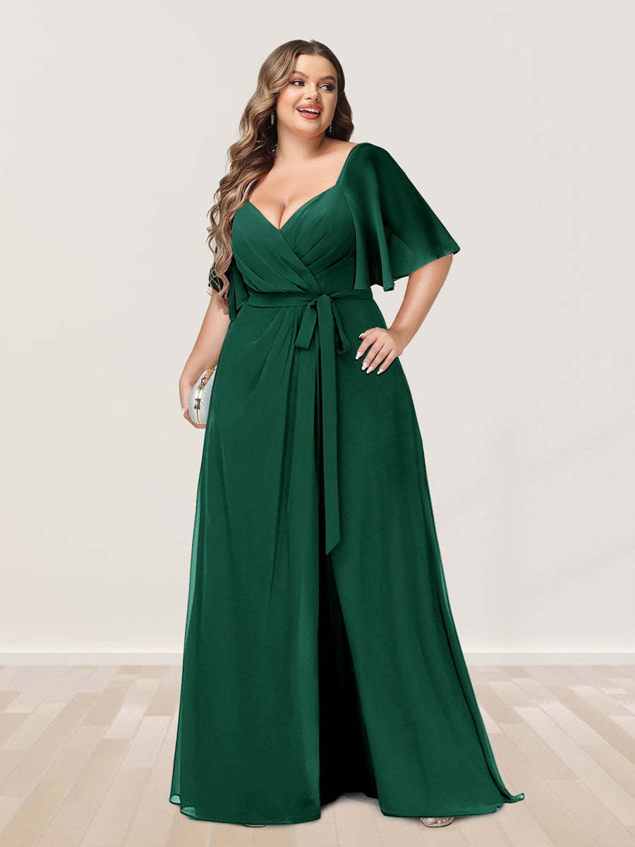 Plus Size V-Neck A-Line Bridesmaid Dress with Side Split and Half Sleeves