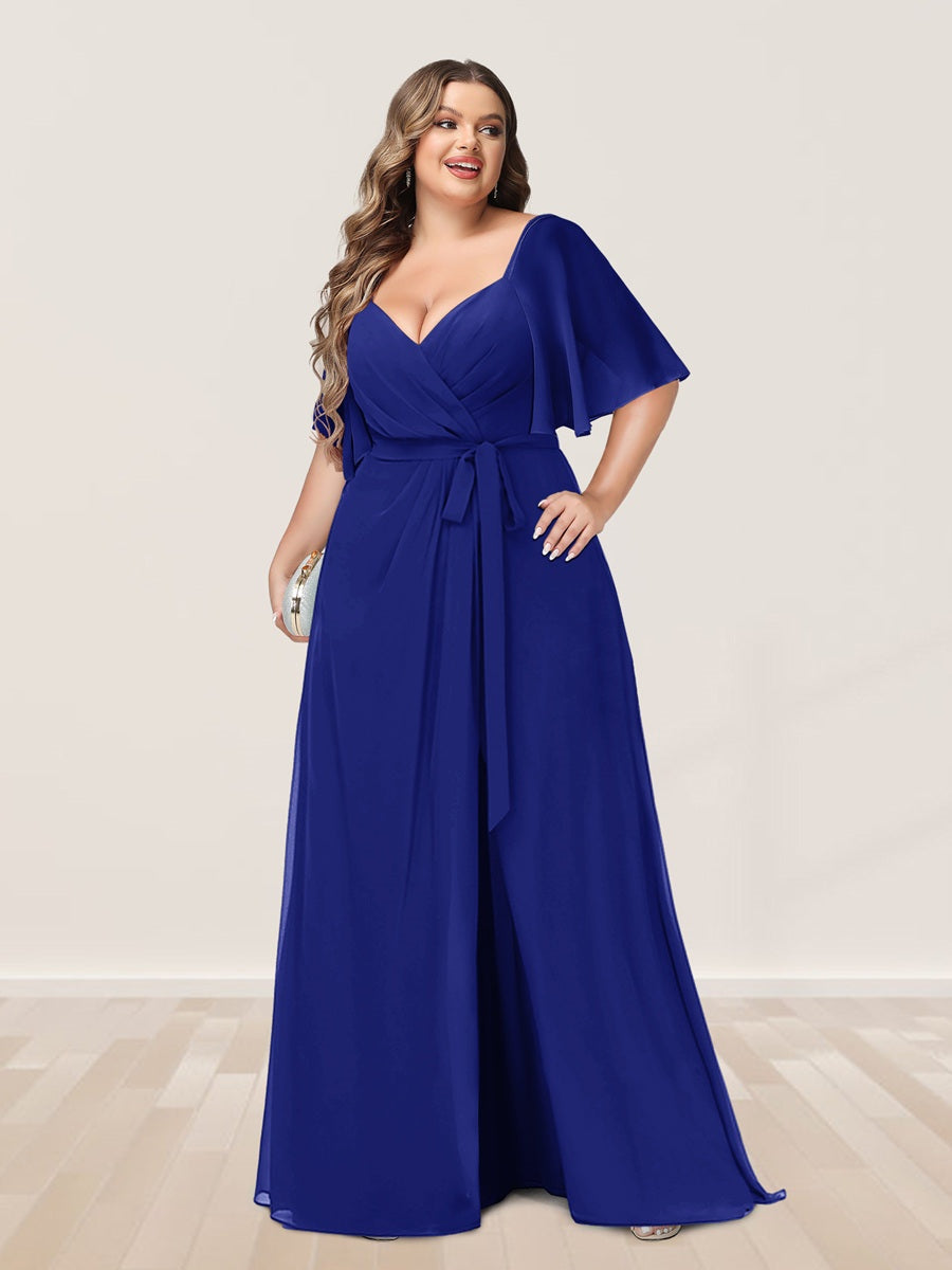 Plus Size V-Neck A-Line Bridesmaid Dress with Side Split and Half Sleeves