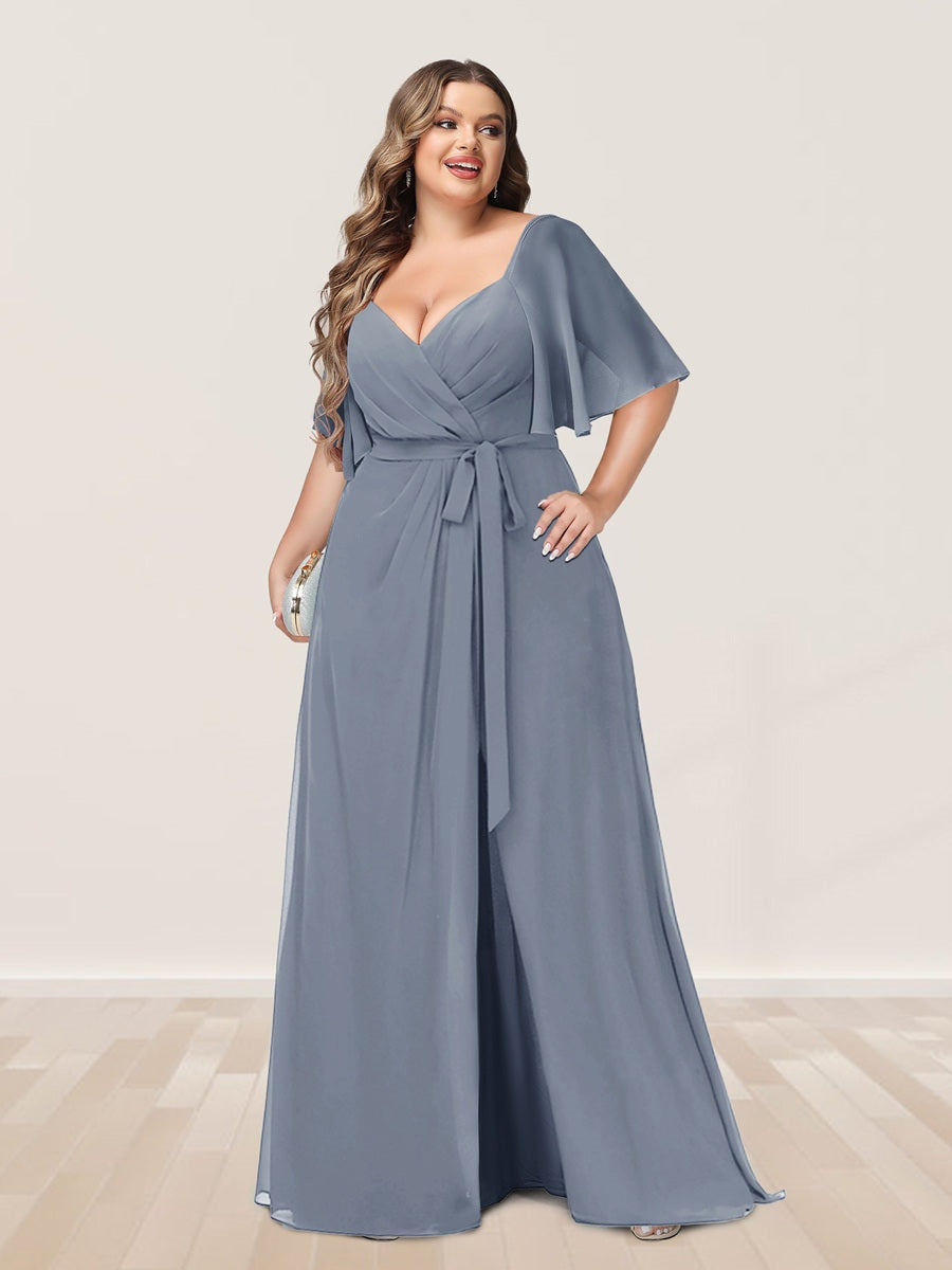 Plus Size V-Neck A-Line Bridesmaid Dress with Side Split and Half Sleeves