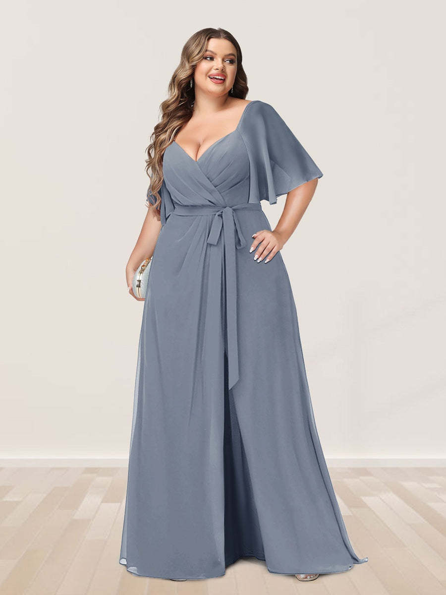 Plus Size V-Neck A-Line Bridesmaid Dress with Side Split and Half Sleeves